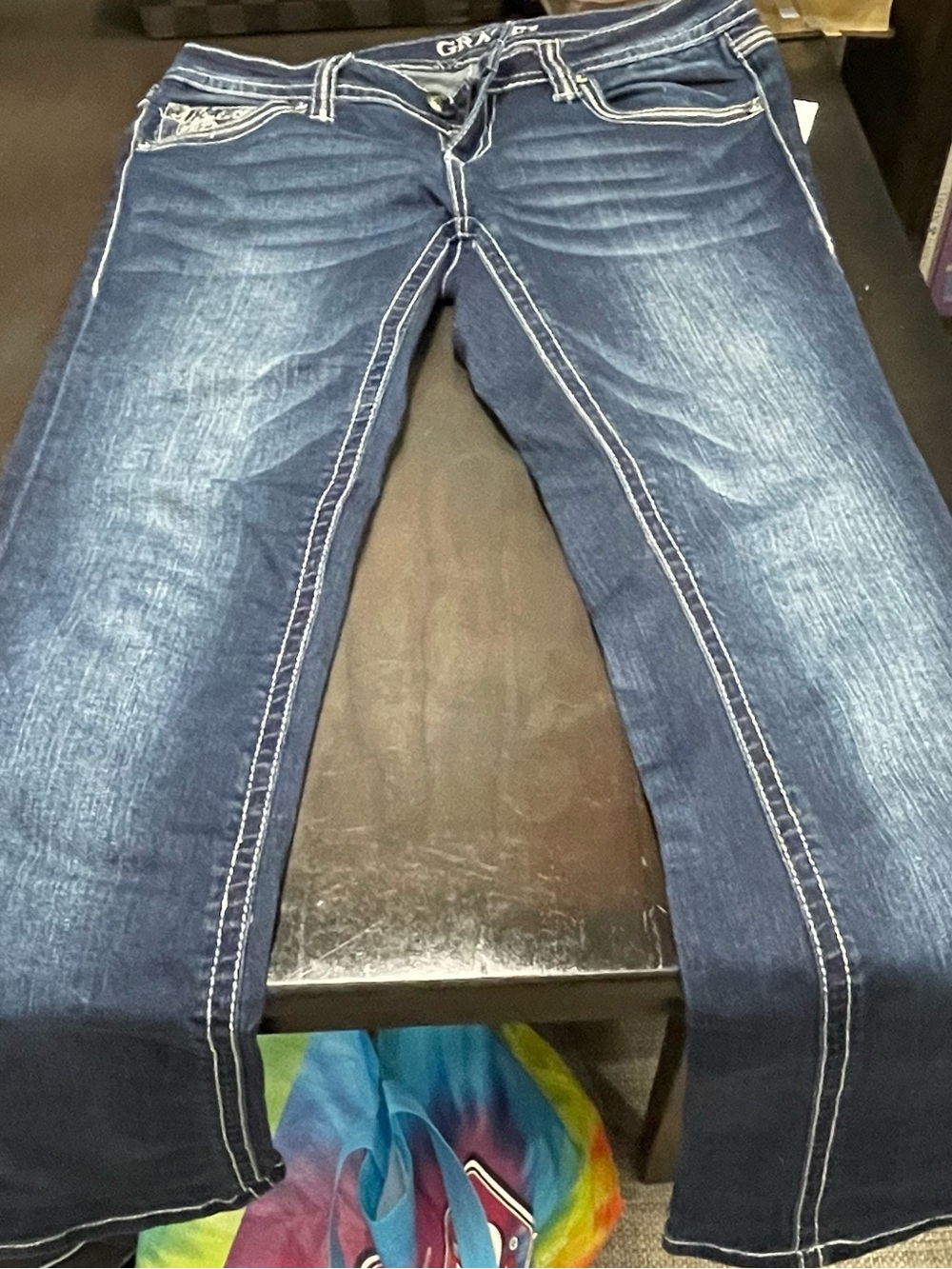 Grace in LA Women's Dark Blue Boot Cut Jeans with White Contrast Stitching